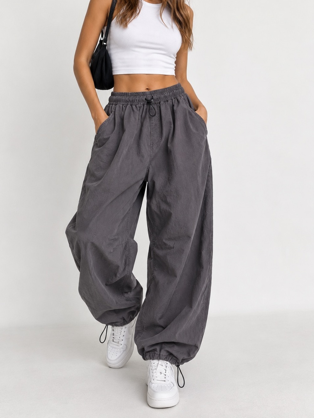 Zara Balloon Parachute Pants Gray Baggy Drawstring Size Small
